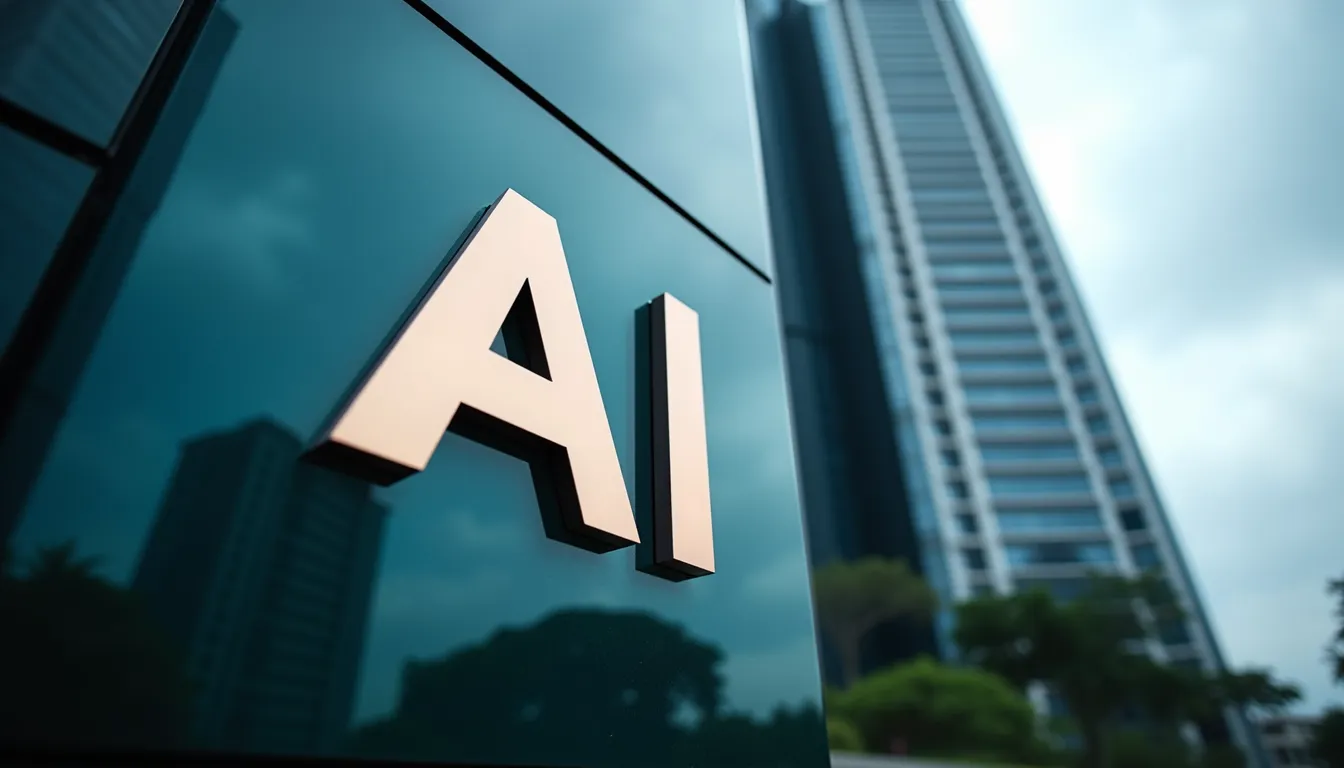 Close-up view of a modern office building in Singapore with AI technology signage