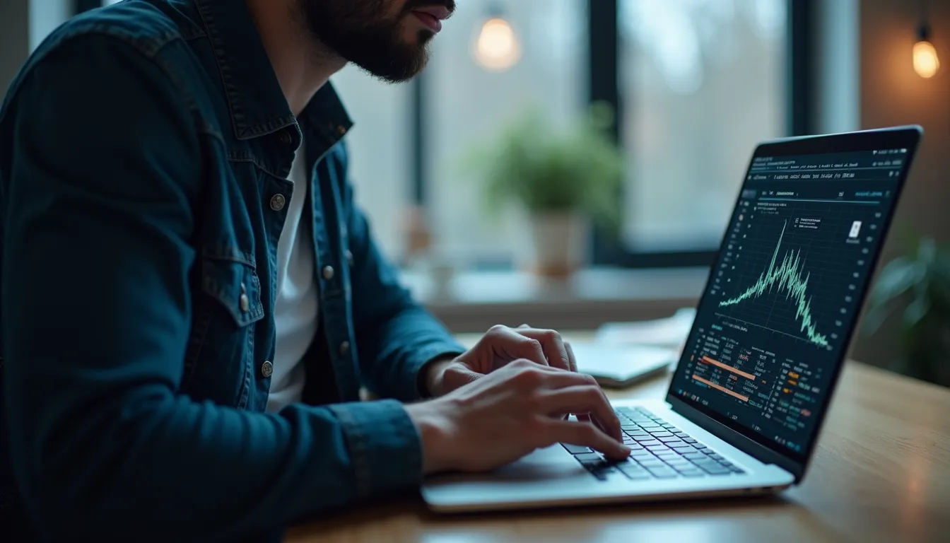 Close-up view of a data scientist working on AI model training on a laptop
