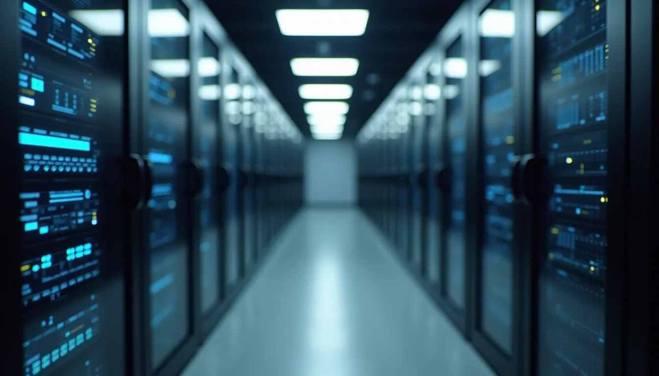 Eye-level view of a modern office server room with AI hardware