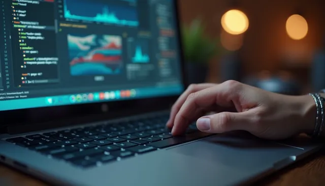 Eye-level view of a developer working with AI tools on a laptop