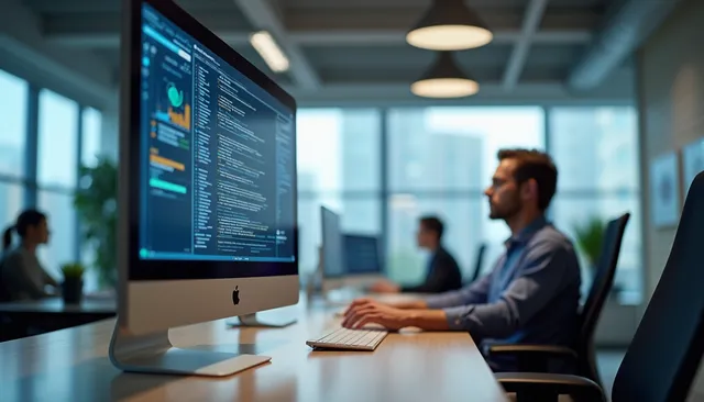 Eye-level view of a modern workspace with AI technology integration