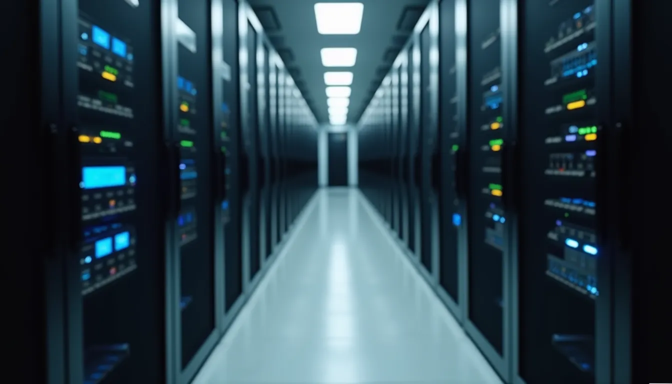 Eye-level view of a server room with racks of computing equipment