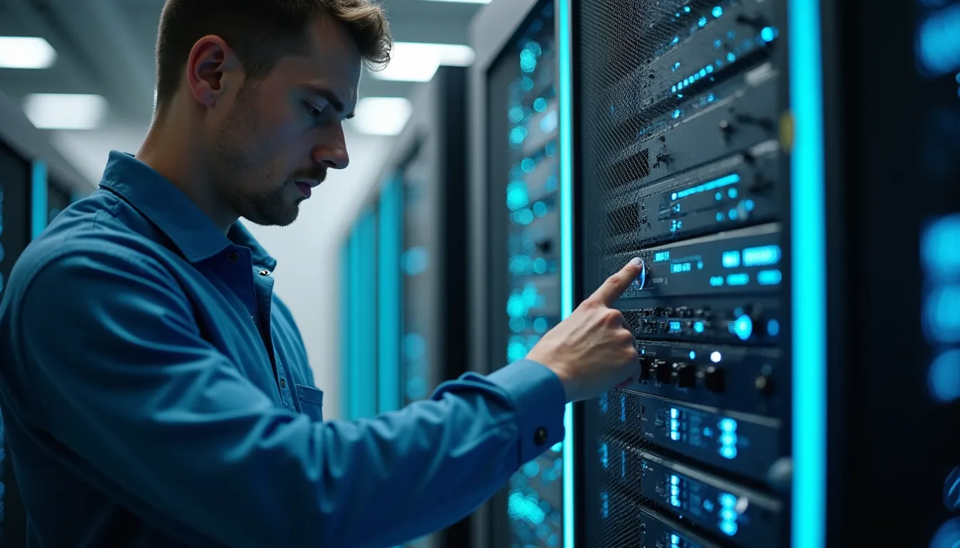 Close-up view of a data centre technician configuring AI hardware