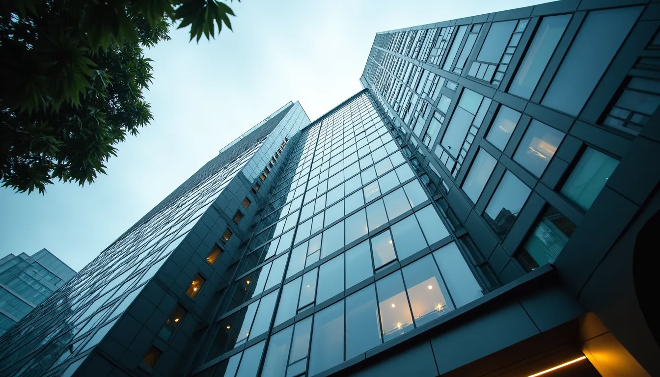 Eye-level view of a modern office building in Singapore housing AI companies