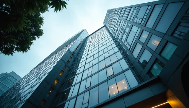 Eye-level view of a modern office building in Singapore housing AI companies