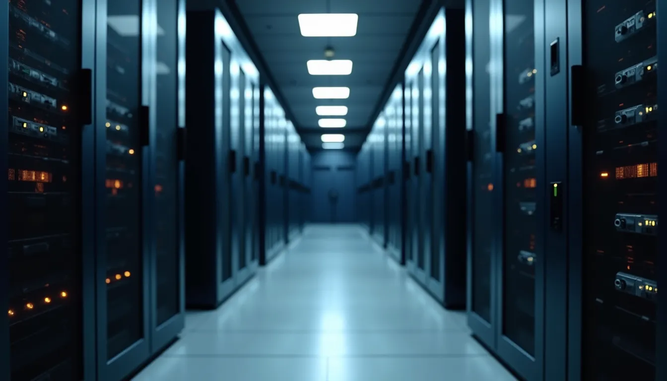 Eye-level view of a server room with racks of computing equipment