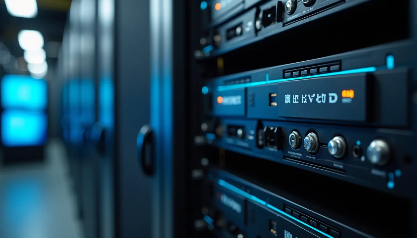 Close-up view of a data center rack with encrypted servers