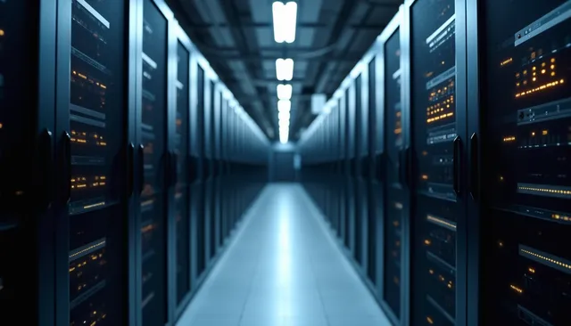 Eye-level view of server racks in a data center