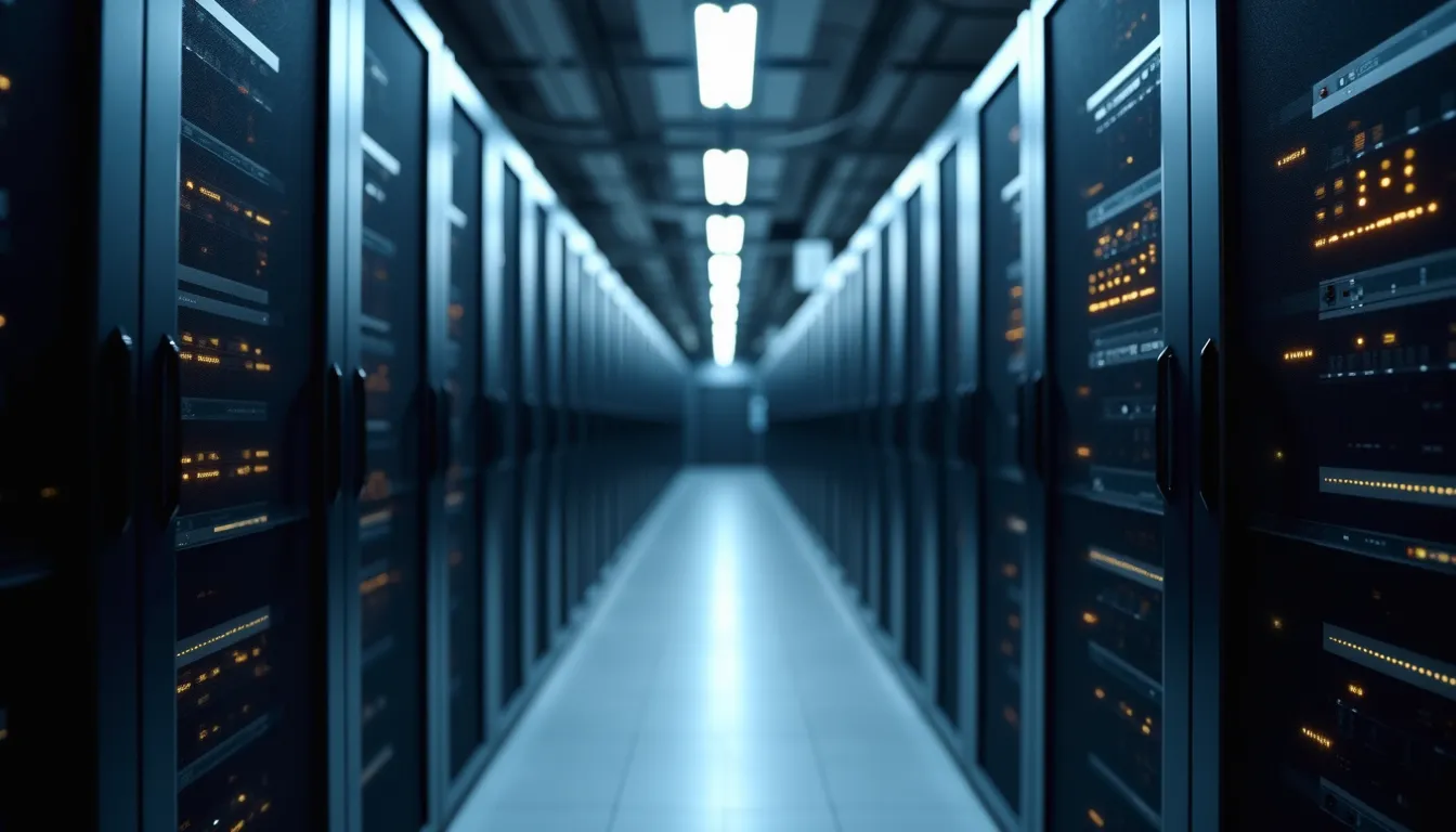 Eye-level view of server racks in a data center