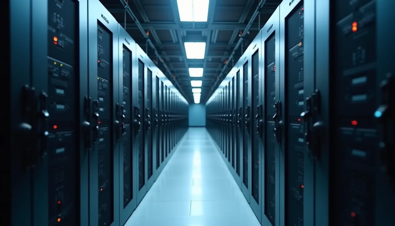 Eye-level view of server racks in a data center