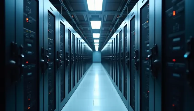 Eye-level view of server racks in a data center