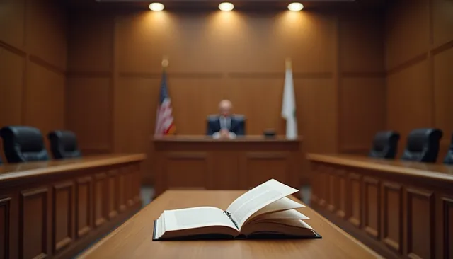 Eye-level view of courtroom with empty judge's bench and legal books