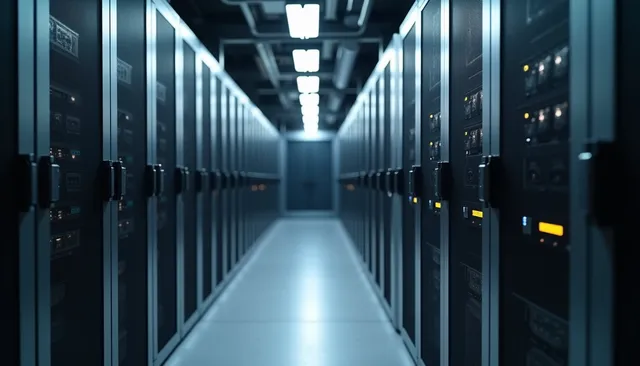 Eye-level view of a secure server room with racks of servers