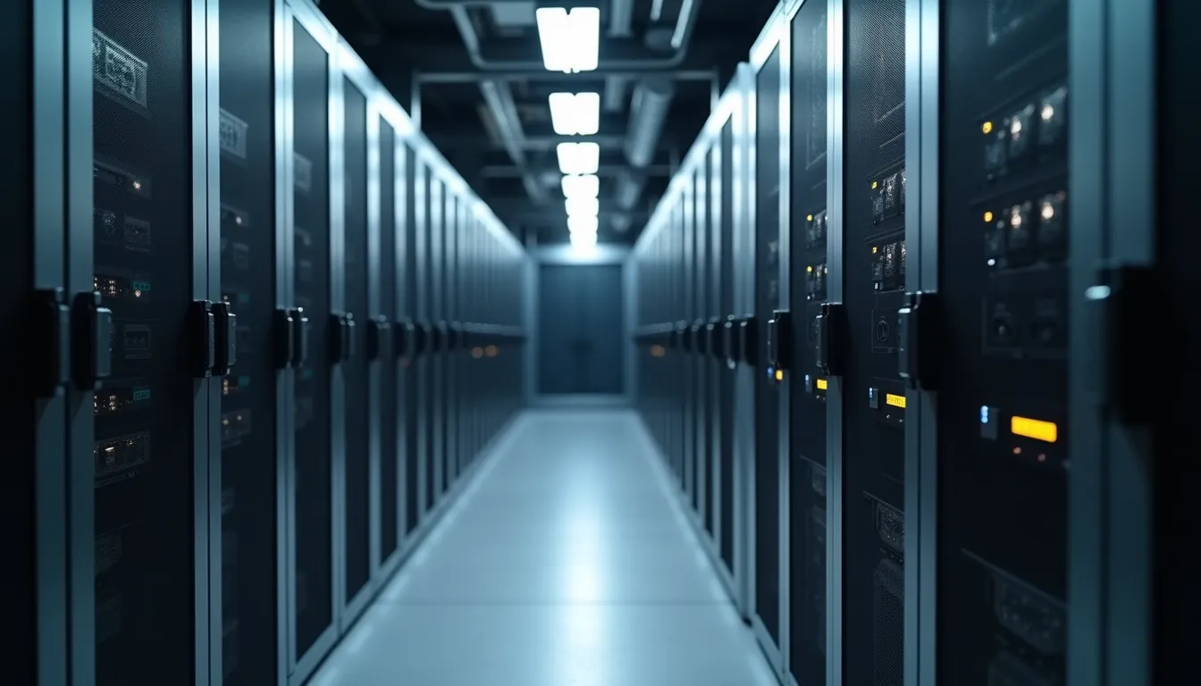 Eye-level view of a secure server room with racks of servers