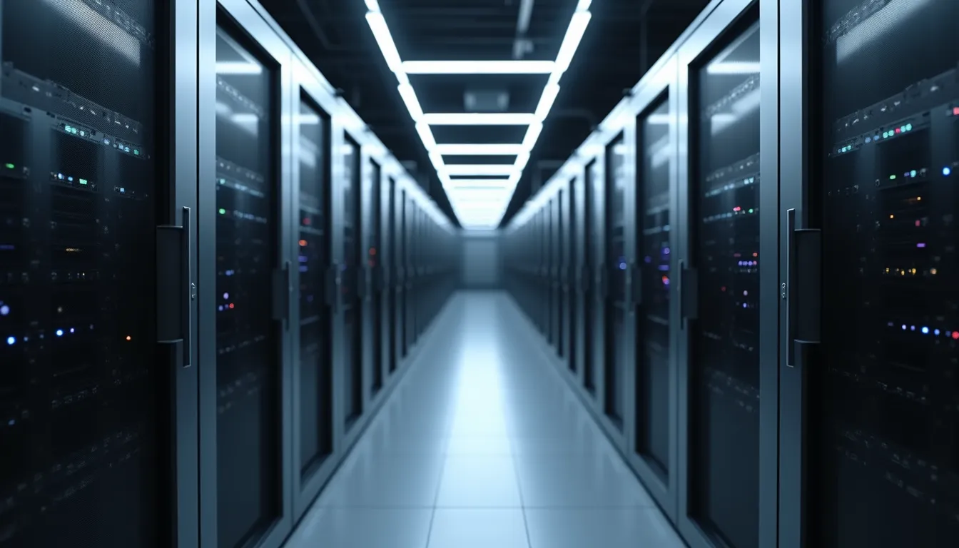 Eye-level view of a modern server room with racks of computing equipment