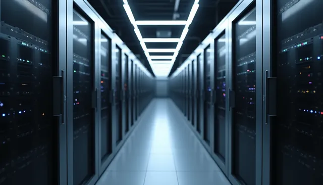 Eye-level view of a modern server room with racks of computing equipment