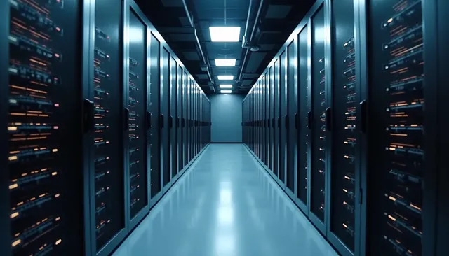 Eye-level view of a modern server room with AI hardware racks