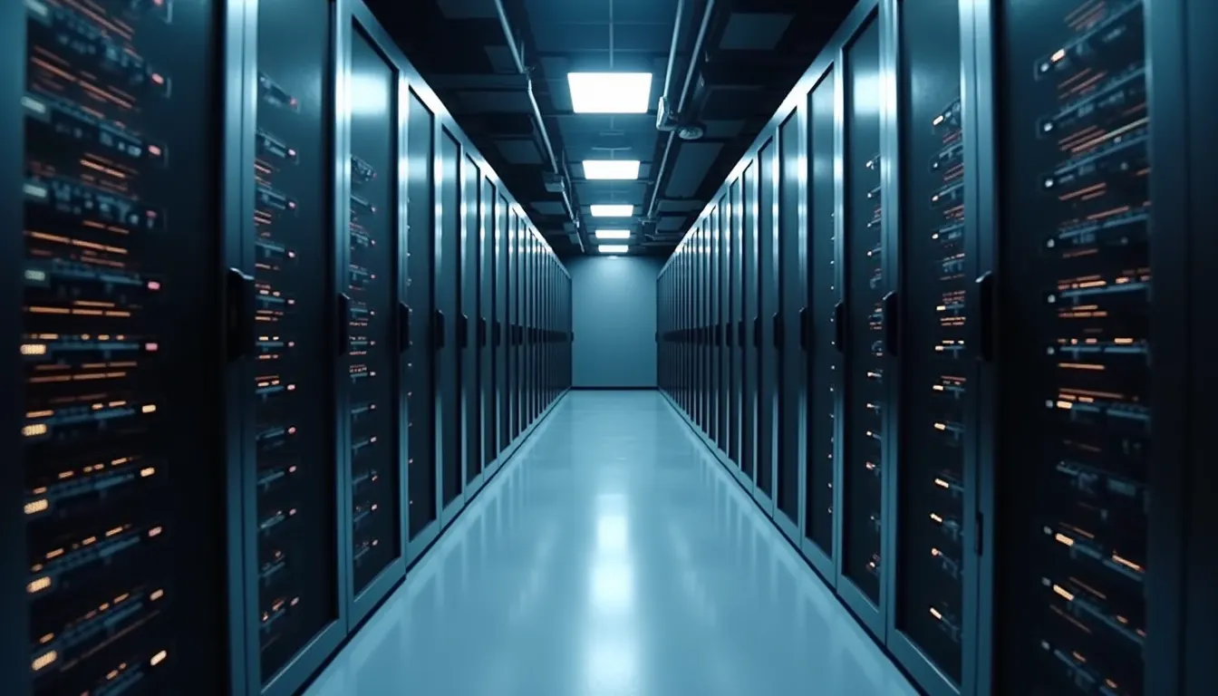 Eye-level view of a modern server room with AI hardware racks