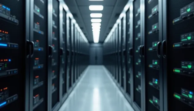 Eye-level view of a secure server room with racks of servers