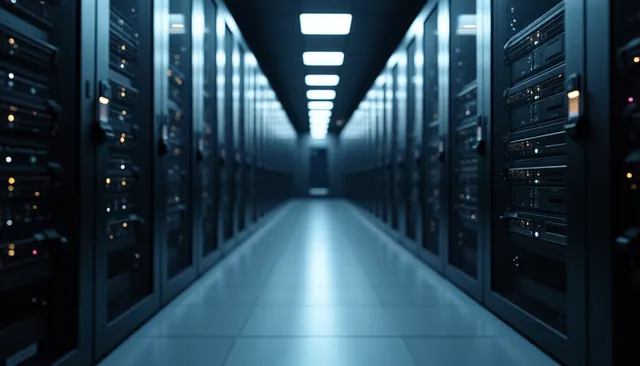 Eye-level view of a modern office server room with secured data storage