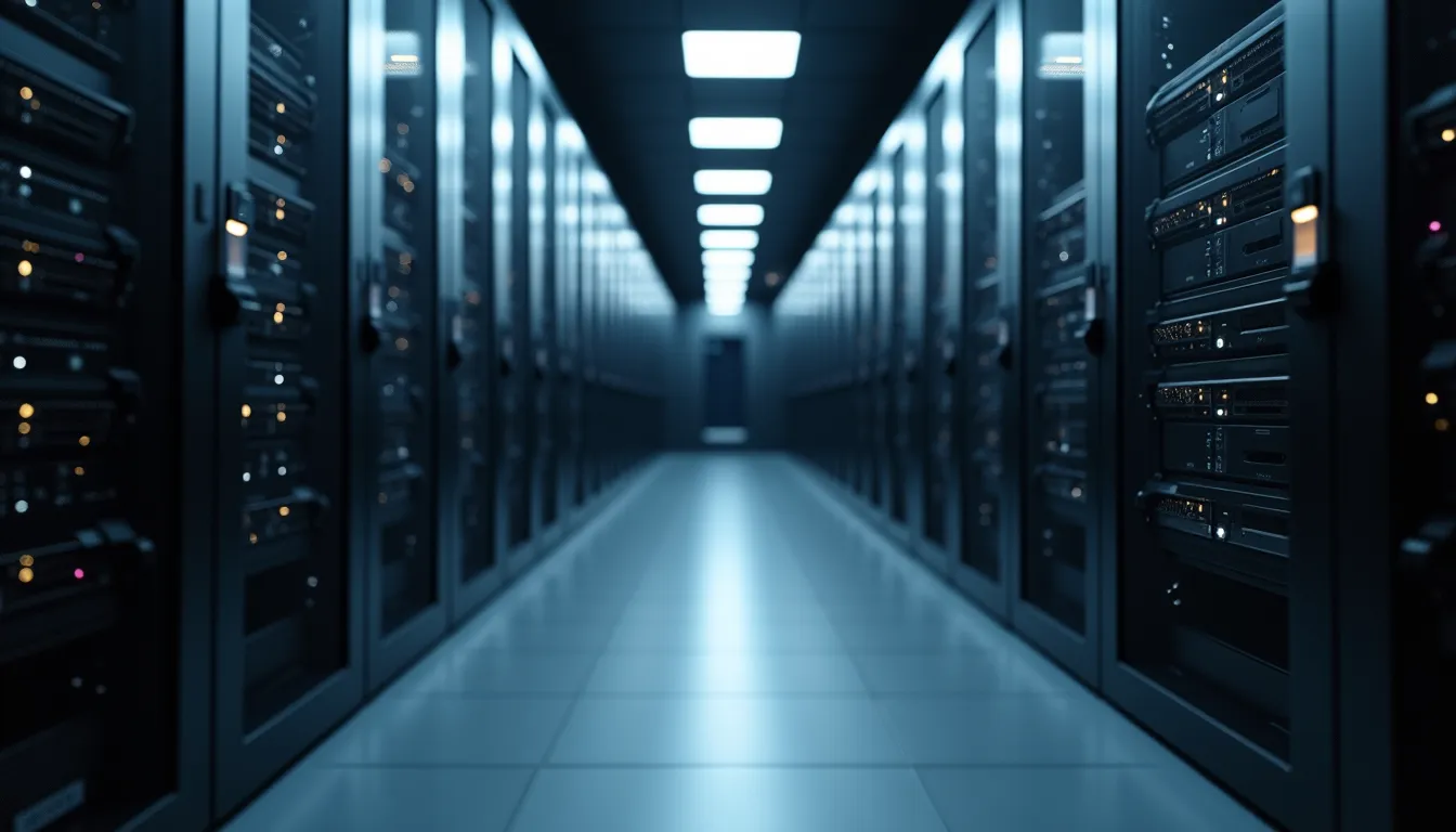 Eye-level view of a modern office server room with secured data storage