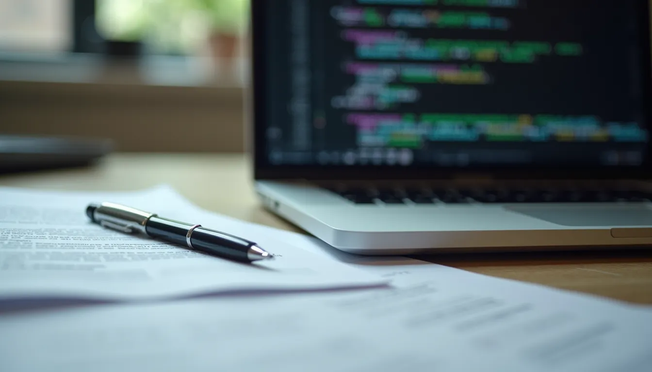 Close-up view of legal documents and a laptop with AI code on screen