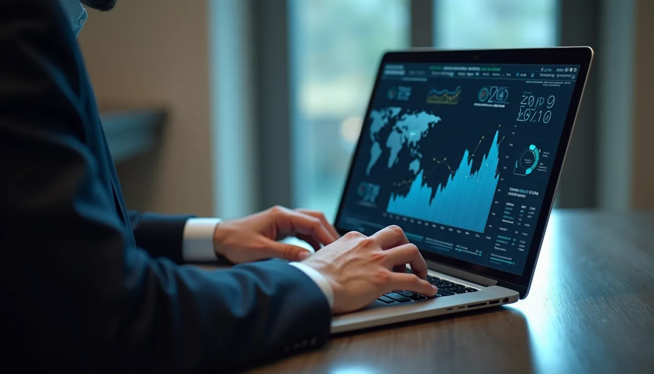 Close-up view of a business professional analyzing AI data on a laptop